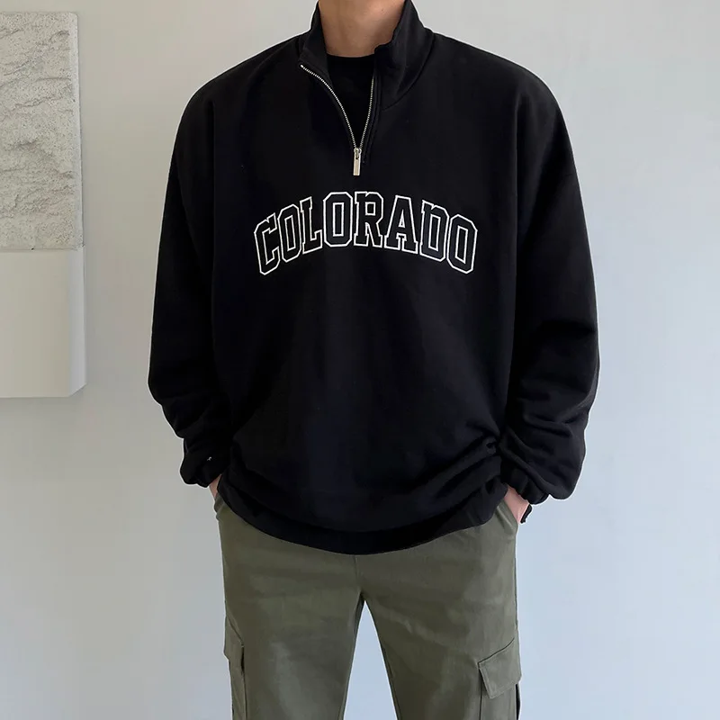 Half High Collar Sweater Men's 2023 Autumn/Winter Letter Print Coat Korean Fashion Brand Loose Long Sleeve Underlay Shirt