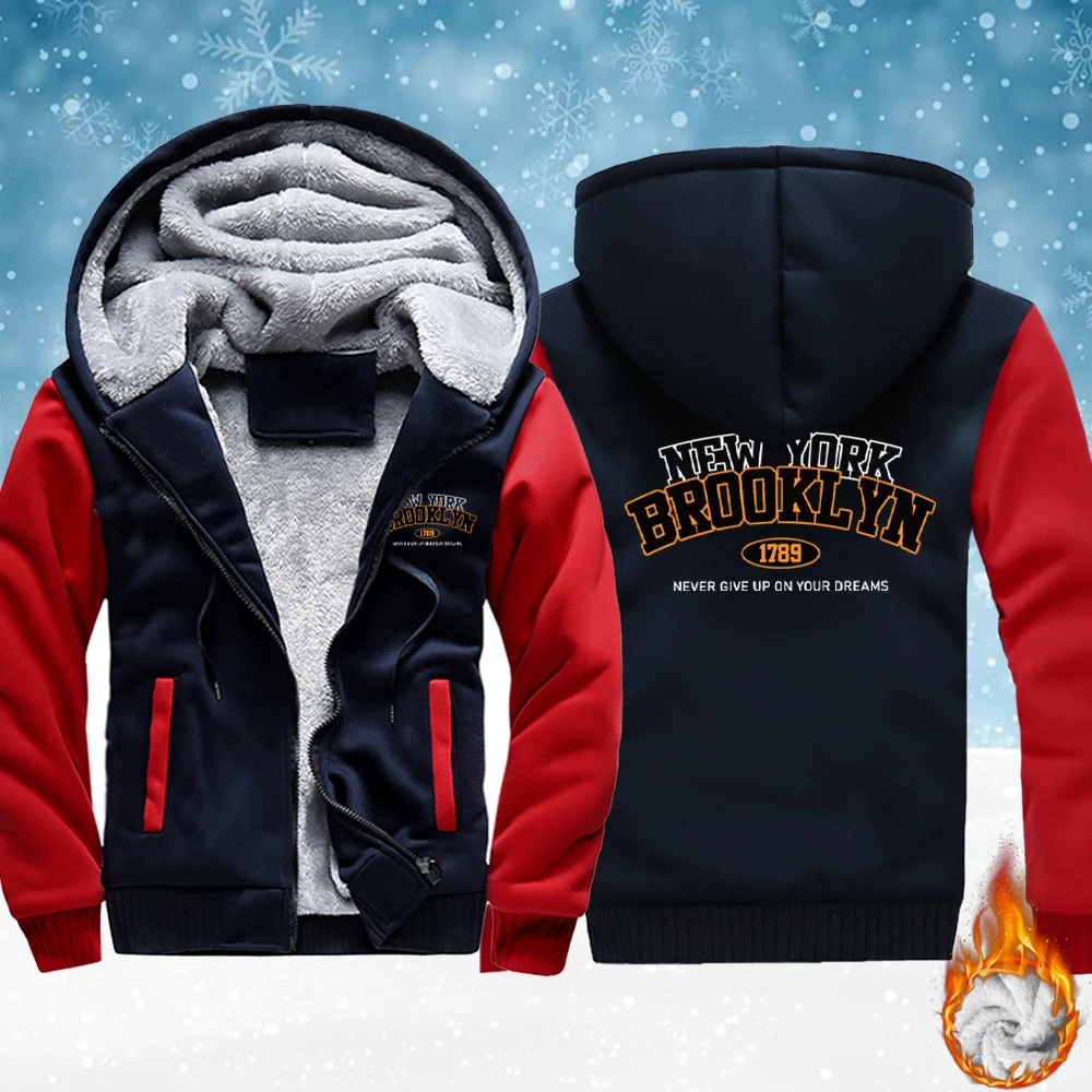 

New York Brooklyn Letter Print Men'S Fashion Fleece Jackets Basics Winter Hoodie Warm Thicken Coat Sportswear Casual Tops