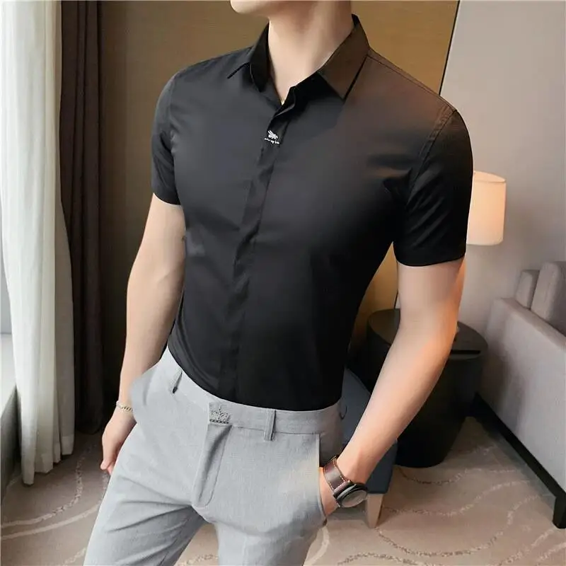 4 Colors Summer Embroidered Men Short Sleeve Shirts Concealed Button Design Slim Fit Casual Shirts Streetwear Plus Size 5XL-M