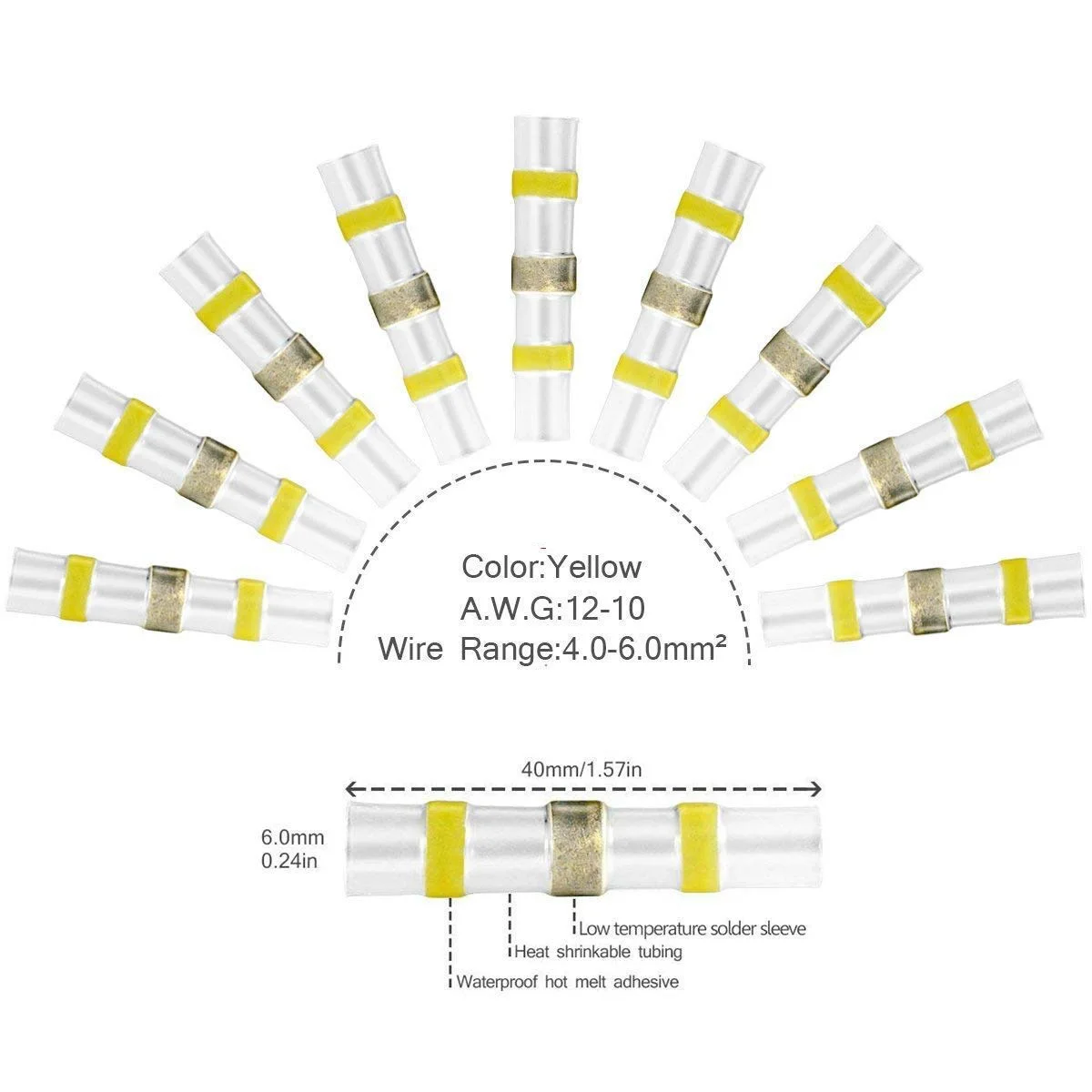 100-1000PCS Yellow Heat Shrinkable Tube Waterproof Solder Ring Wire Connectors AWG12-10 Butt Bushing Electrical Splice Terminal