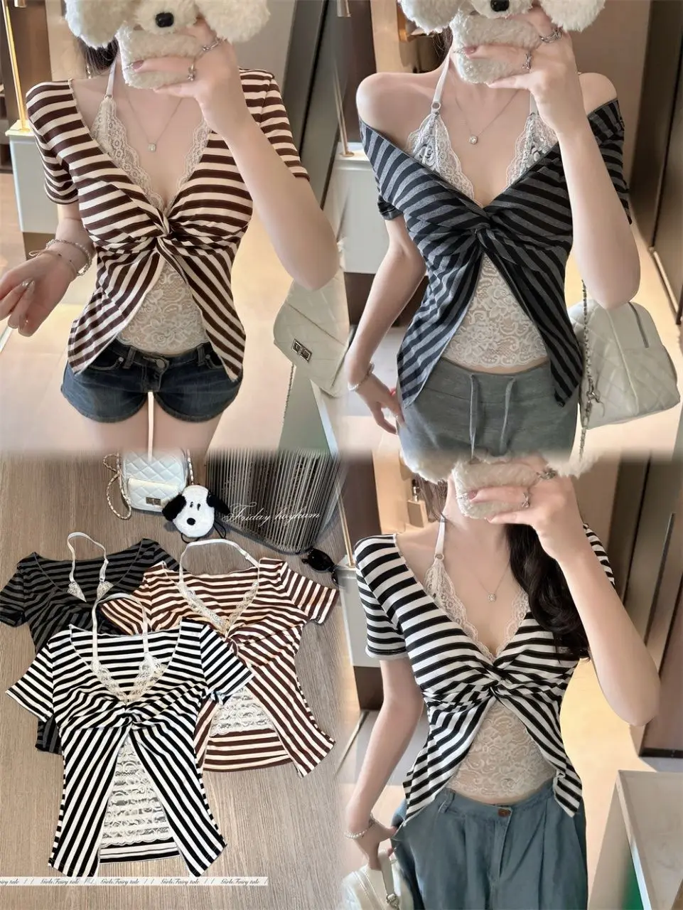 With underwire - irregular false two-piece lace stitched striped short-sleeved t-shirt for summer neck-wrap top