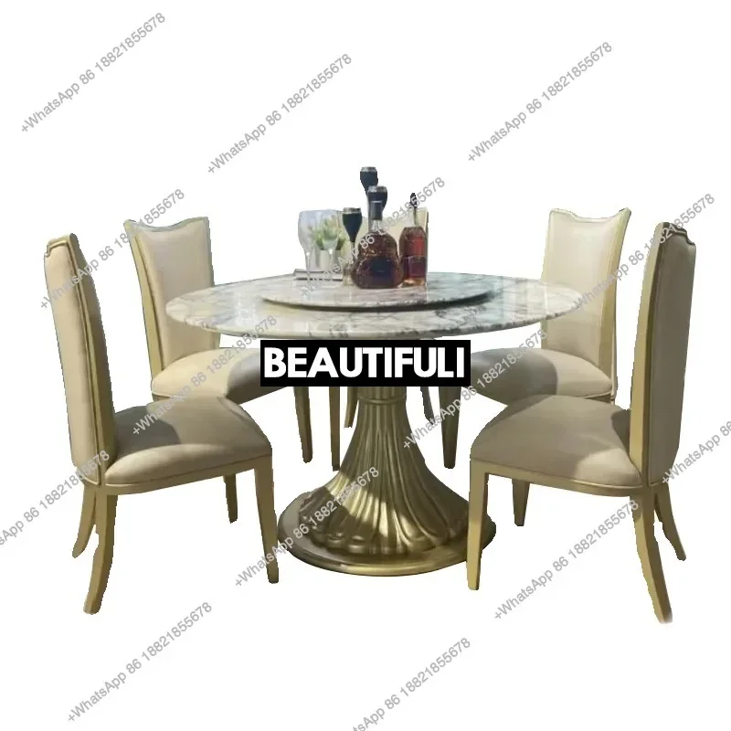American light luxury marble dining table and chair combination modern simple round French solid wood