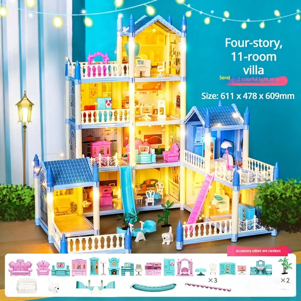 

3d Diy Dreamy Princess Castle Villa | 11-room Large Blue Dollhouse - Exclusive Interactive Toy For Girls & Family