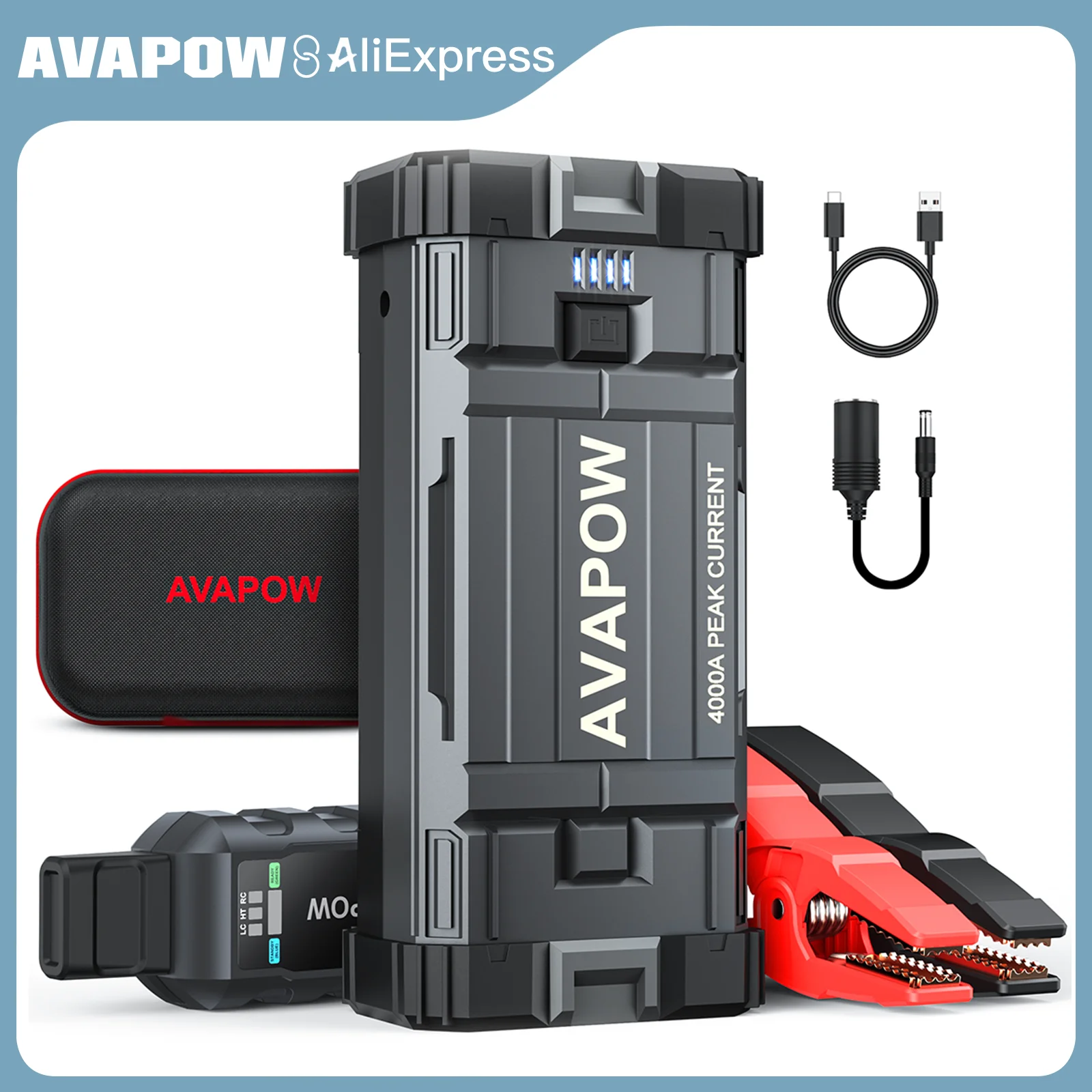 

AVAPOW 4000A Car Jump Starter: Portable Power Pack for Gas & Diesel Engines, 12V, with LED Light & USB Quick Charge 3.0.