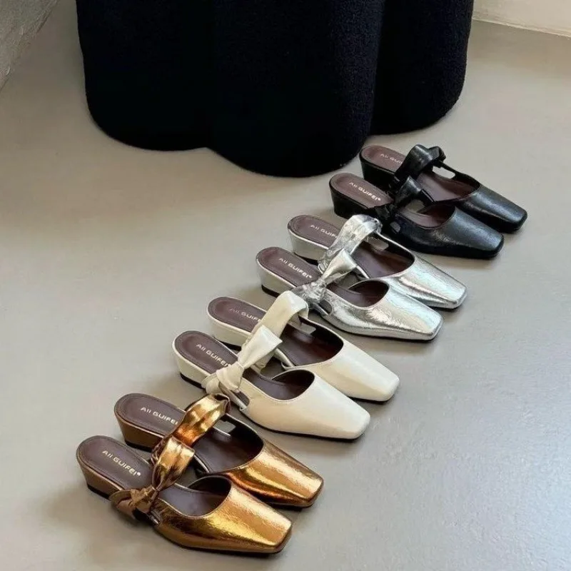 

Women Slippers Woman Summer Roman Shoes Low Heels Women Footwear 2026 Golden Women's Shallow Square Toe Shoe