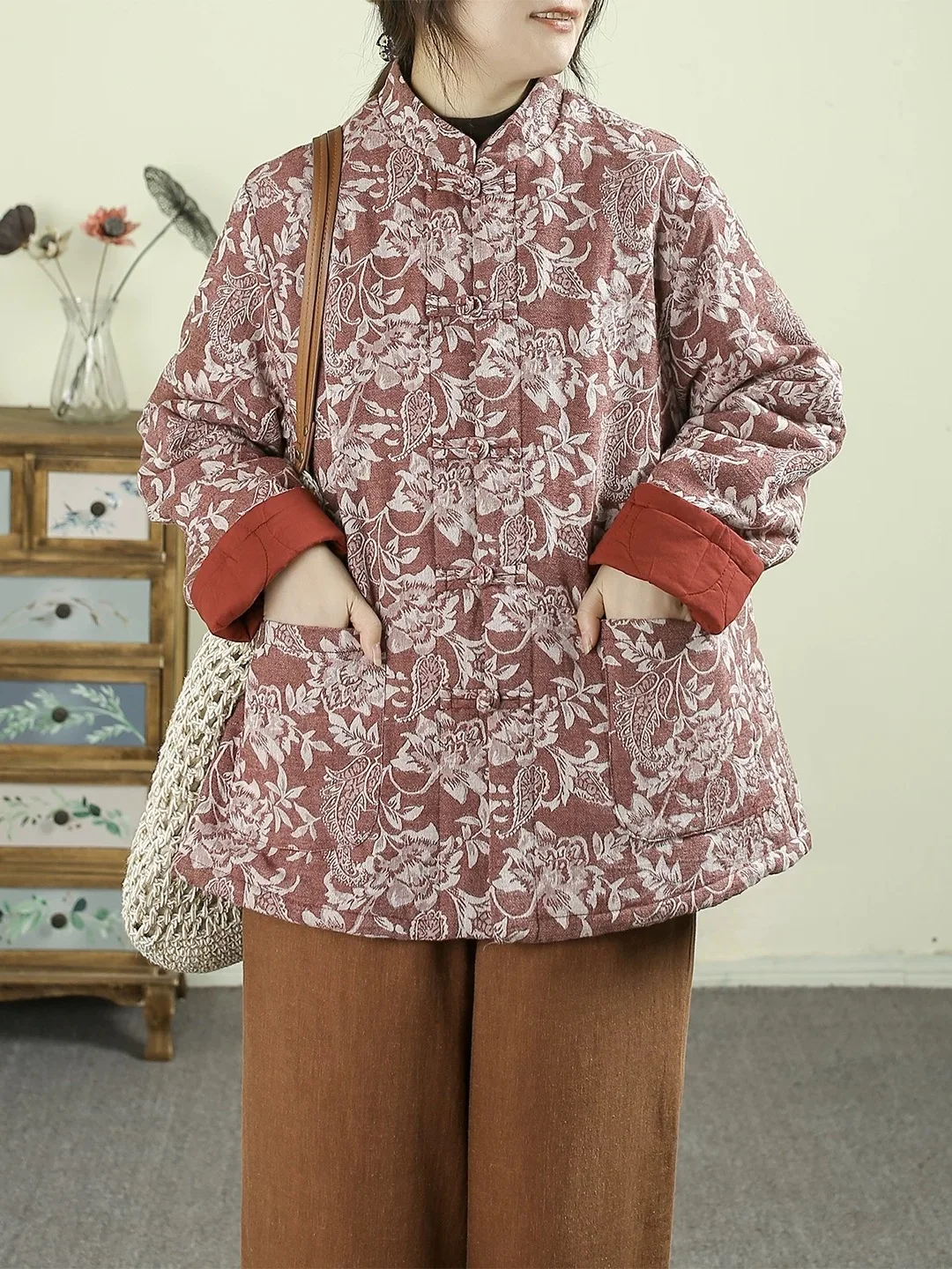 Thiened algodão jaet floral impressão gola botão encerramento casaco de inverno feminino retro sle longo sve ajuste regular