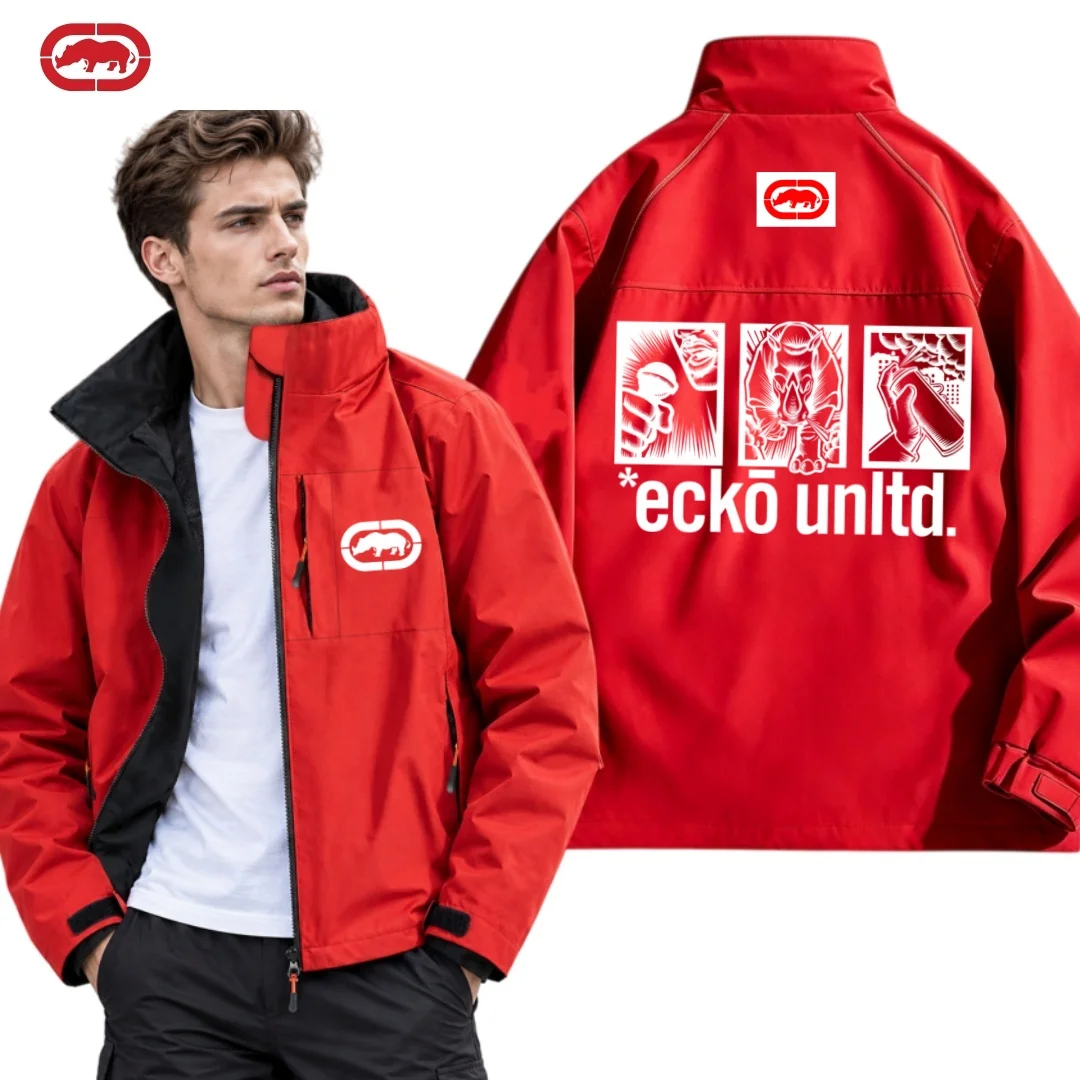 2026 American Trendy Ecko Unlimited Rhino Logo Four Seasons Jacket Black, White, Red, Blue, navy blue Stand up Collar Splicing Z
