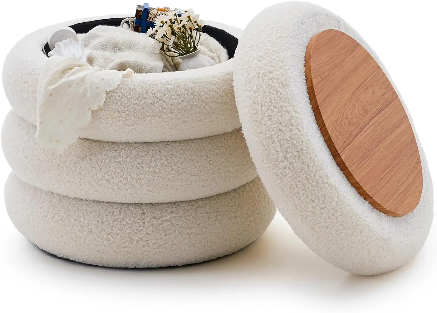 Storage Ottoman With Reversible Flip Top Wooden Tray, Accent Seat For Living Room Bedroom Makeup Vanity, White