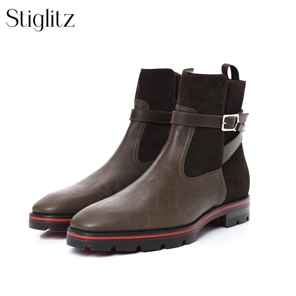 Buckled Leather-Trimmed Suede Chelsea Boots Dark Brown Suede Designer Style Ankle Boots Luxury Handmade Banquet Booties for Men