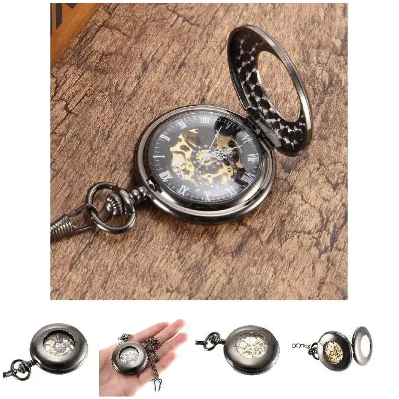 Vintage Pocket Watch Cool Chain Hollow Mechanical Dial Black Watches Transparent Cover (