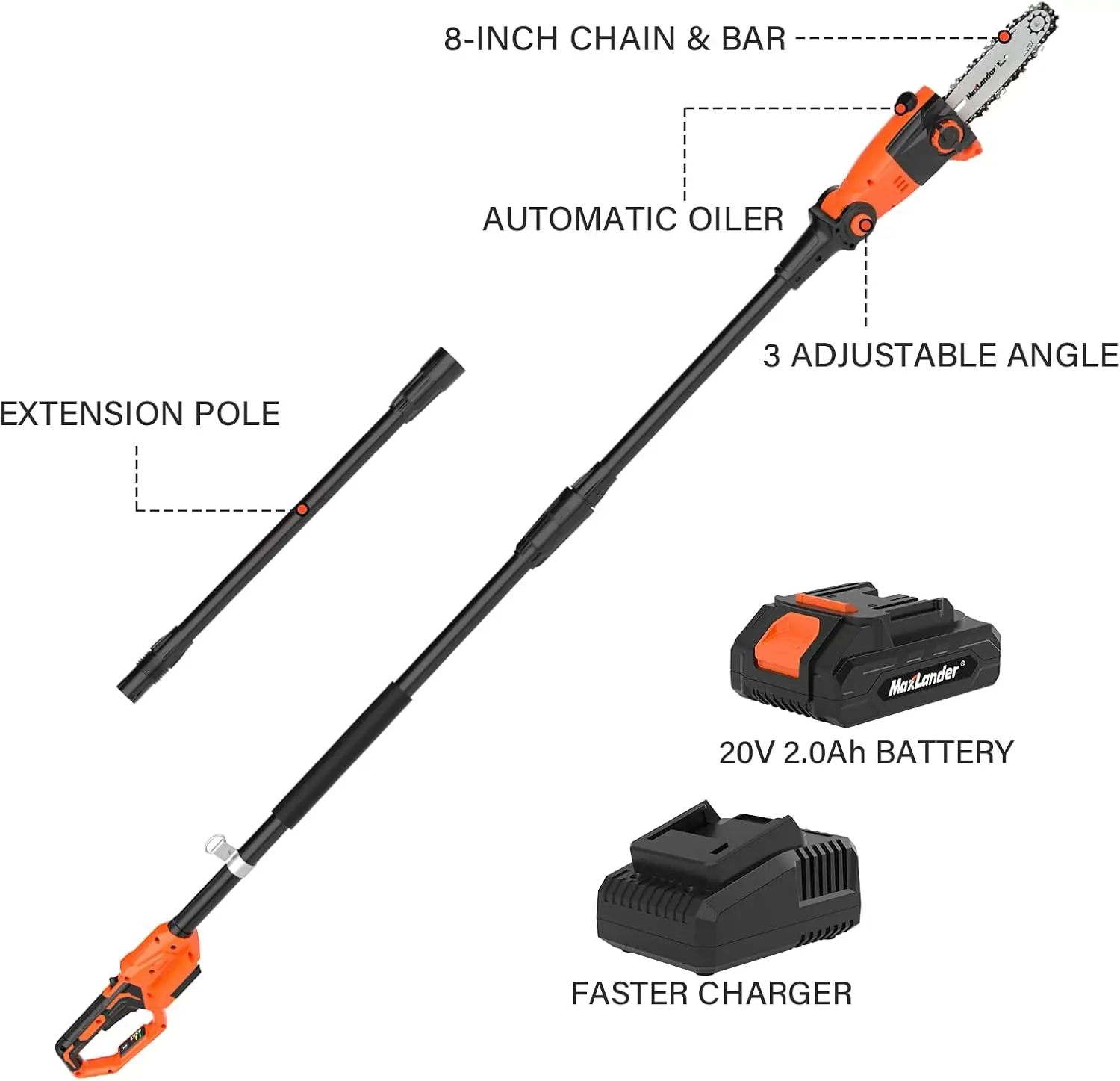 Saw 8-Inch Cordless Pole Saws for Tree Trimming, 15-Feet MAX Reach Electric Pole Saw, 16ft/s Cutting Speed Auto Oiling Mult