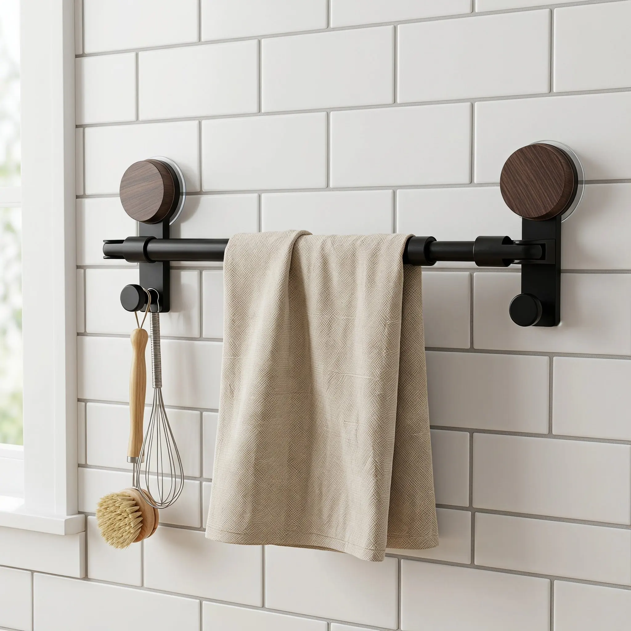 Adjustable Suction Cup Towel Bar Walnut Grain No Drill Wall Mounted Bathroom Kitchen Shower Organizer Expandable Rod Heavy Duty