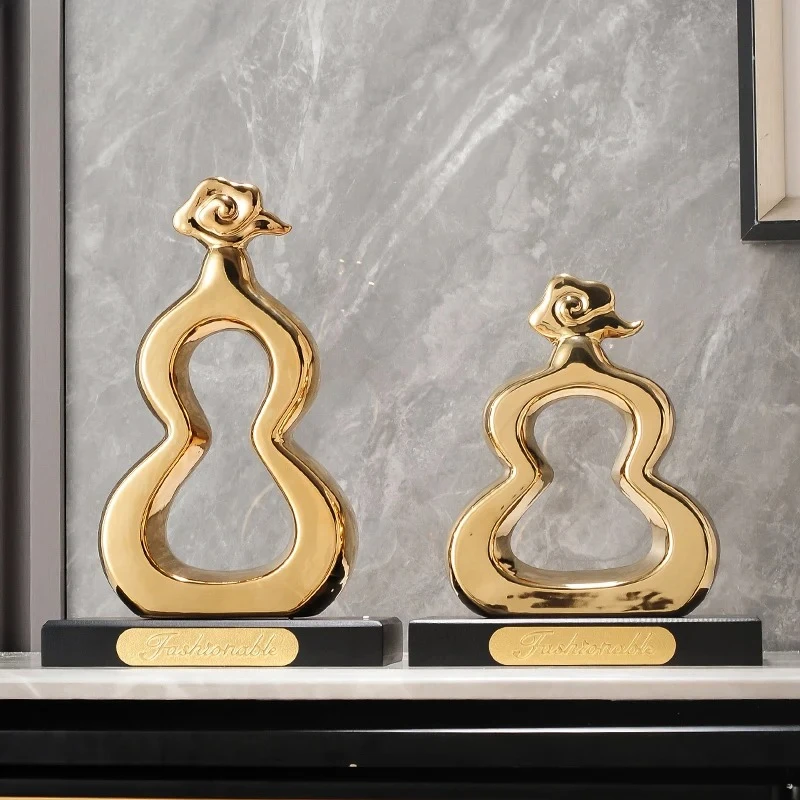 Gold-plated Hollow Gourd Ceramic Statue Desk Decoration Ornaments Creative Gourd Sculpture Porcelain Crafts Room Aesthetic Decor