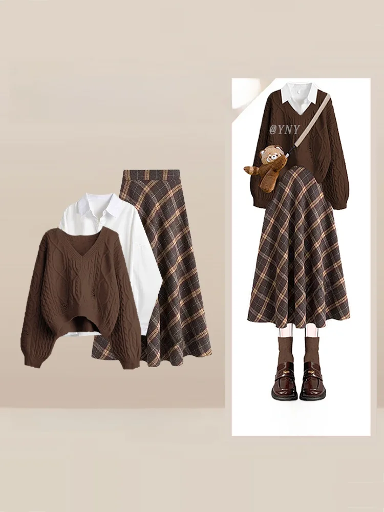 

Комплект свитера и юбки для колледжа, женская юбка-миди с высокой талией, длинная сверовая юбка средней осени Faion, маленький размер JK orm Dr