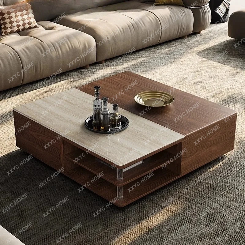 

LXMedieval solid wood square travertine rock slab lifting coffee table modern simple household size apartment