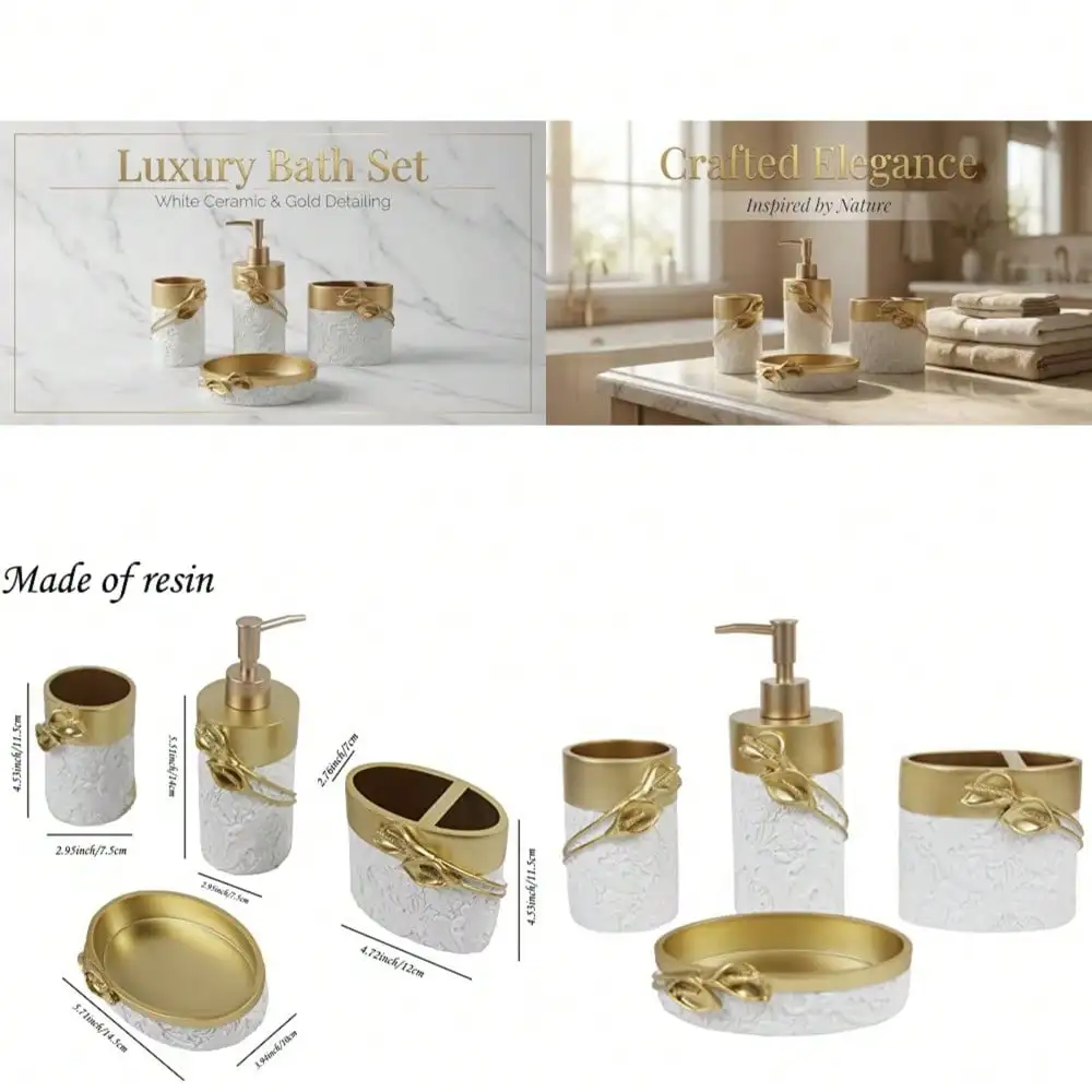 

Resin Bathroom Accessories Set For Farmhouse Decor 4-Piece Toothbrush Holder Soap Dispenser Soap Dish Tumbler In A