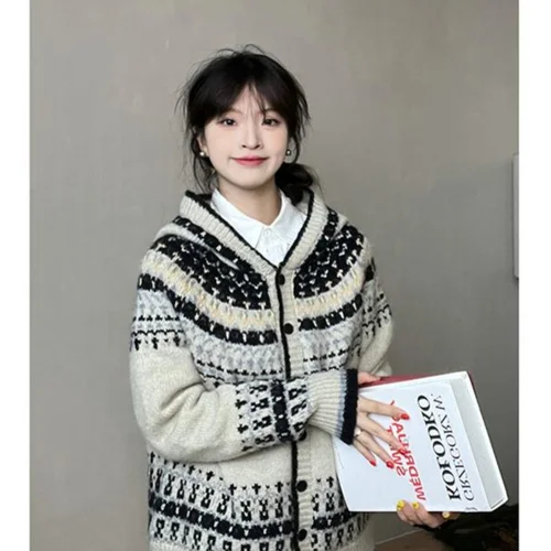 루즈핏 스웨터 여성용 니트 후드 롱슬리브 컬러블록 2024 겨울 신상 한국 스타일 스웨터 니트 스웨터 니트 스웨터 