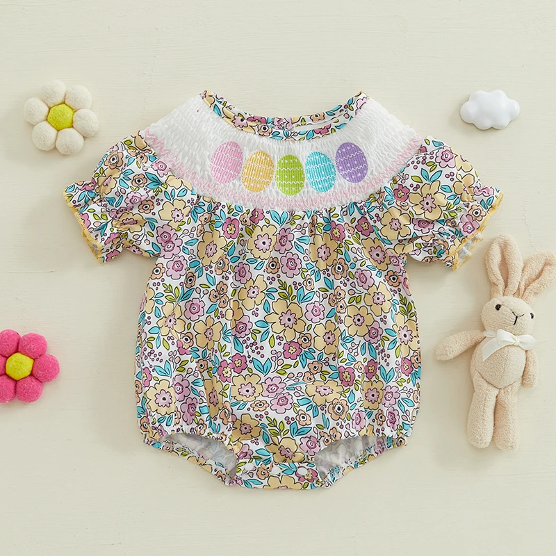 FOCUSNORM 0-18M Lovely Baby Girls Easter Romper Short Sleeve Floral Print Rabbit Embroidery Smocked Bodysuit Newborn Outfit