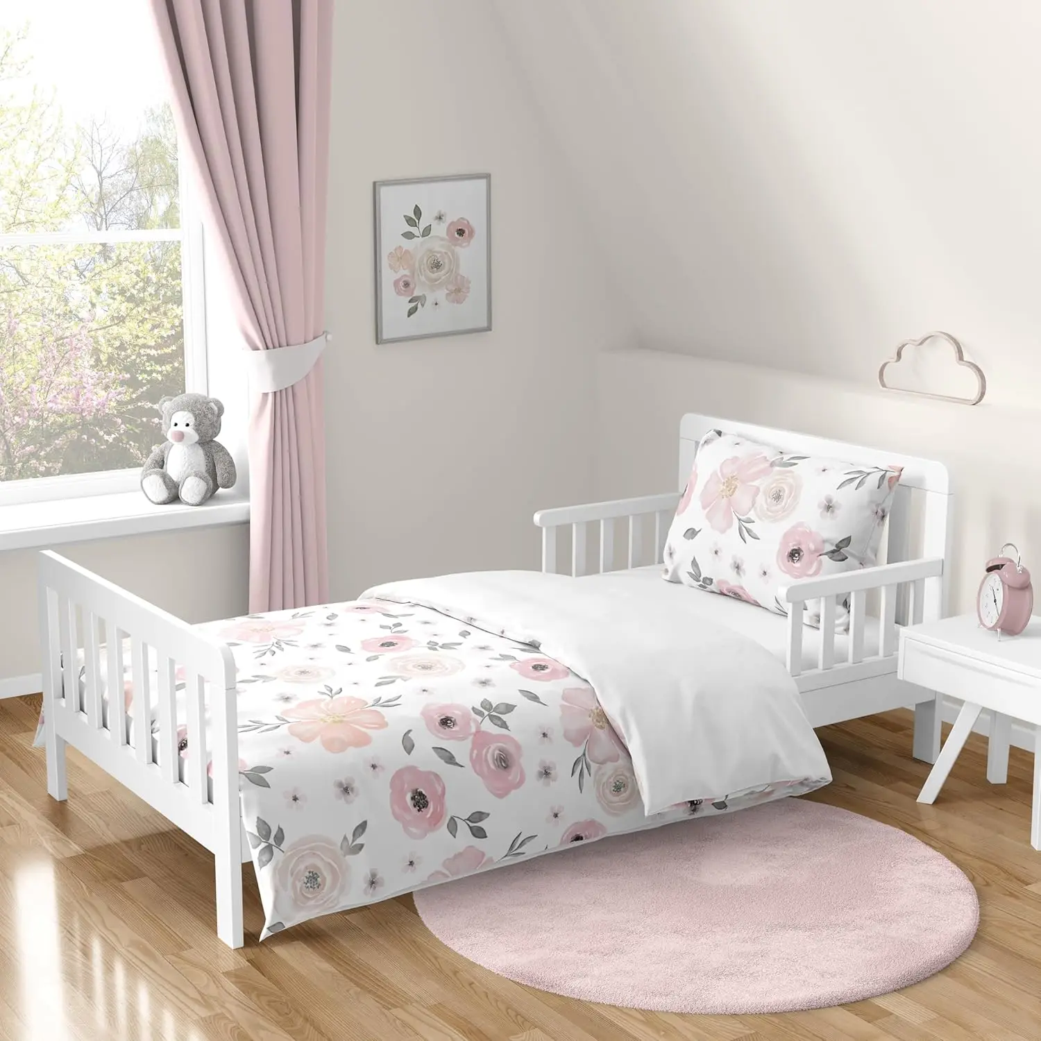 

5-Piece Toddler Bedding Set Pink Grey Boho Floral Watercolor Rose
