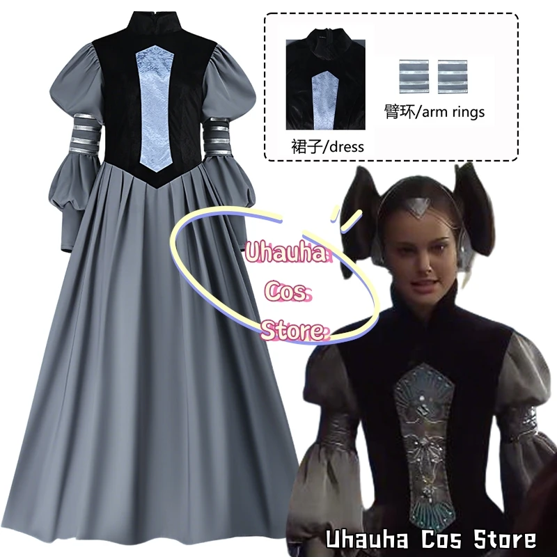 {Uhauha cos} rainha amidala cosplay vestido gótico traje medieval renda retalhos alargamento gola alta manga maxi vestido dia das bruxas