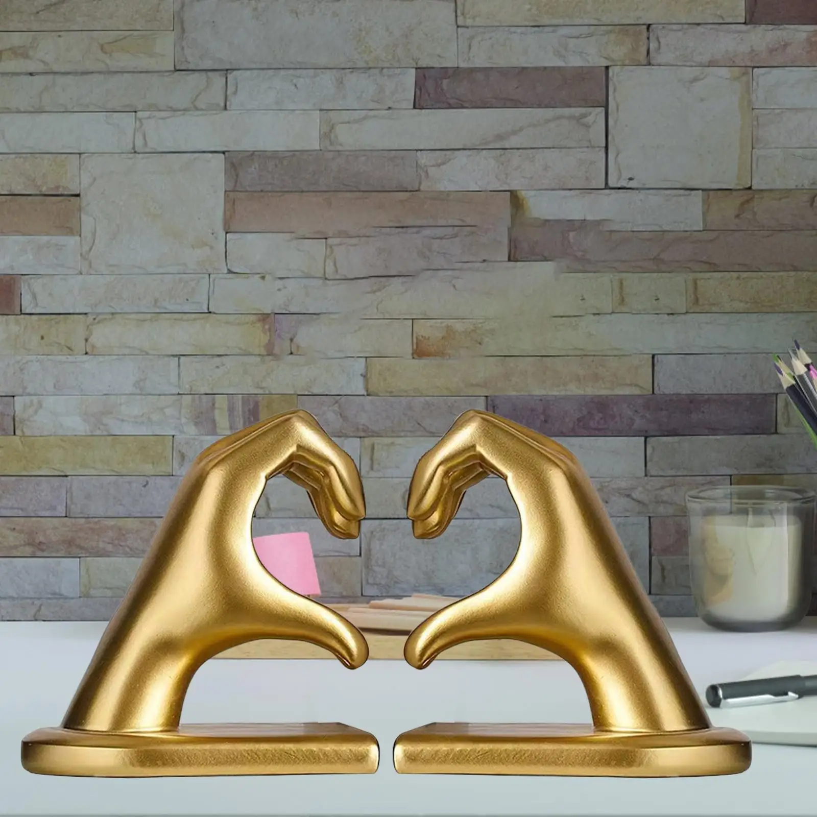 Heart Hand Bookends Heart Gesture Figurine Bookends Ornament Books Stopper Book Stand to Hold Books for Home Cabinet Bedroom