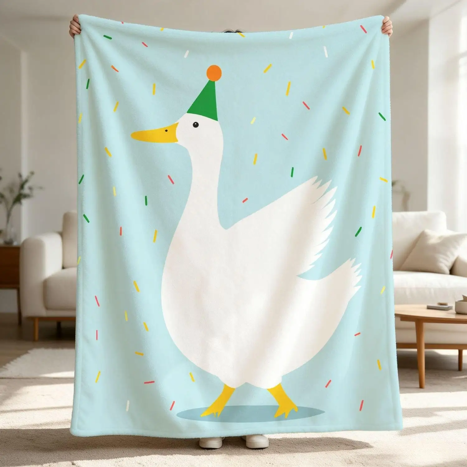 [Flannel Blanket] Party Duck Blanket with Confetti, Birthday Blanket, Cozy Bedroom Decor Gift for Animal Lovers