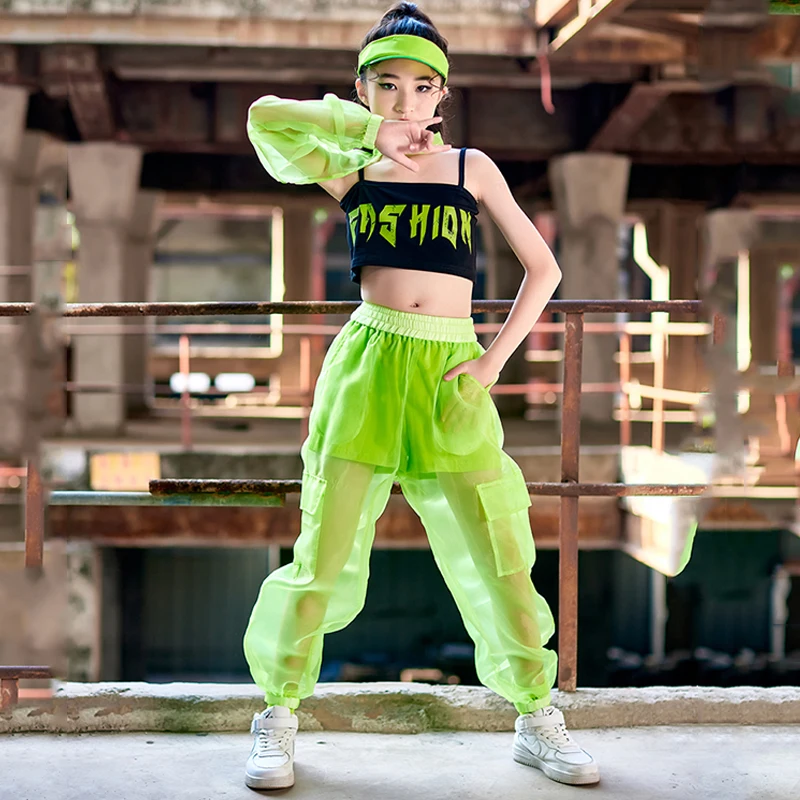 Hip Hop Kids Clothes Girls Jazz Street Dance Costume Green Single Sleeved Crop Tops Mesh Pants Kids Performance Outfit BL8222