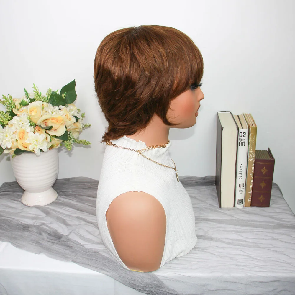 Brown Human Hair Wigs Full Machine Made Wigs 150% Density Throw On & Go Short Cut with Bangs Wig Ultra Comfort Skin-Like Soft Care Glueless Wig Hair Loss Friendly