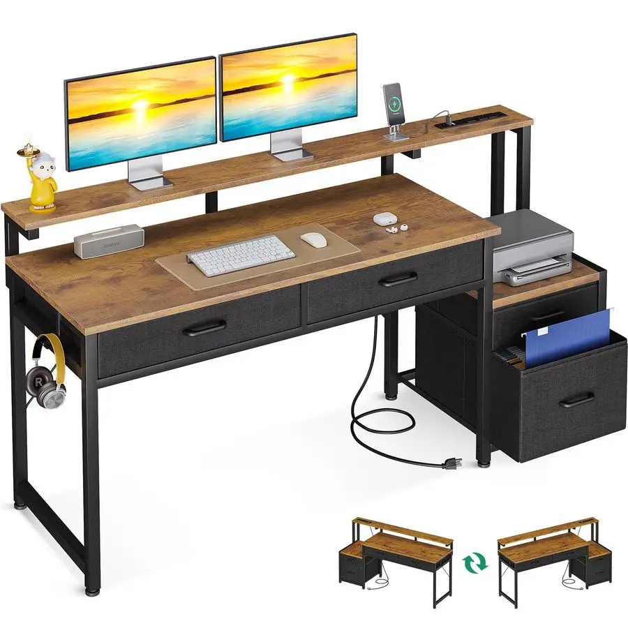 

Computer Desk with 4 Drawers, 48 Inch Office Desk with Power Outlet, Home Office Desk with Printer Space File Drawers Cabinet,