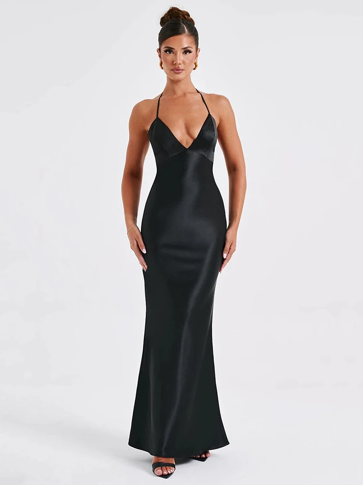 Mozision elegantes rücken freies sexy Maxi kleid für Frauen Sommer neue Spaghetti träger ärmellose Bodycon Club Party langes Kleid Clubwear