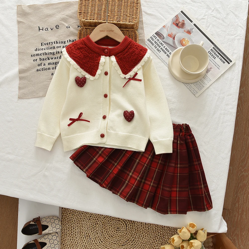 Christmas Sweet Princess Girls Clothes Autumn Winter Bow Love Long Sleeve Sweater+Checkered Short Skirt 2 Pcs Sets for Children