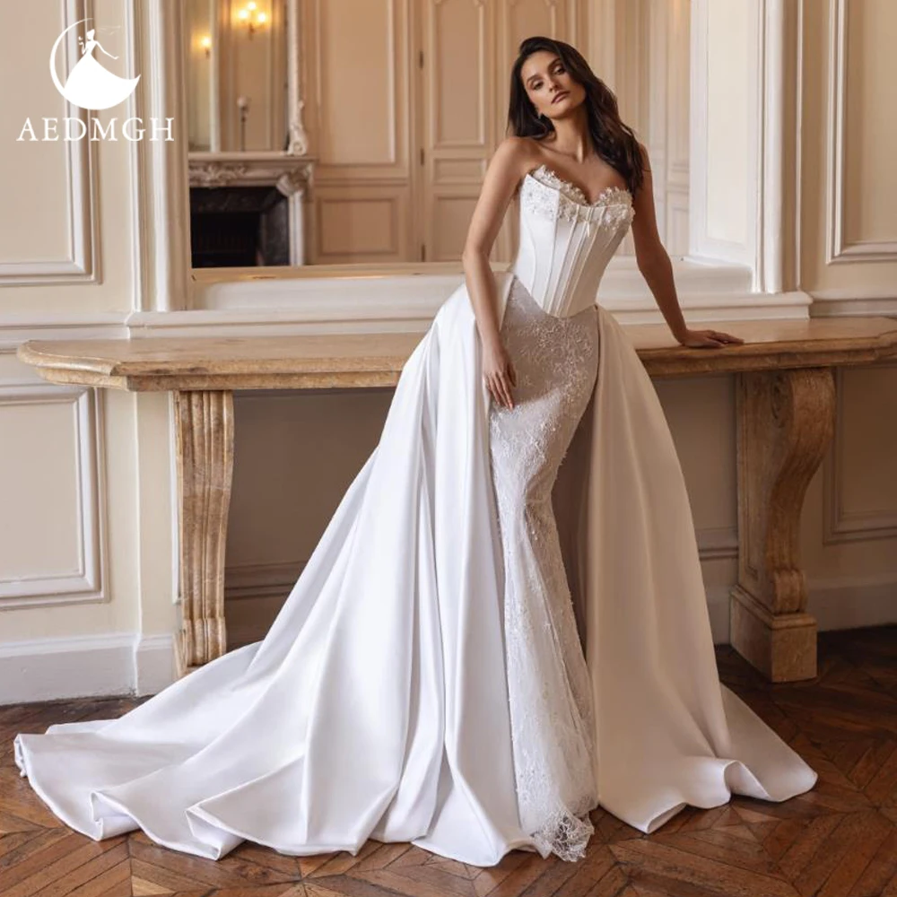 

Aedmgh Mermaid Sexy Wedding Dresses Strapless Vestido De Novia Lace Embroidery Matte Satin 2 In 1 Custom Made Bridal Gown