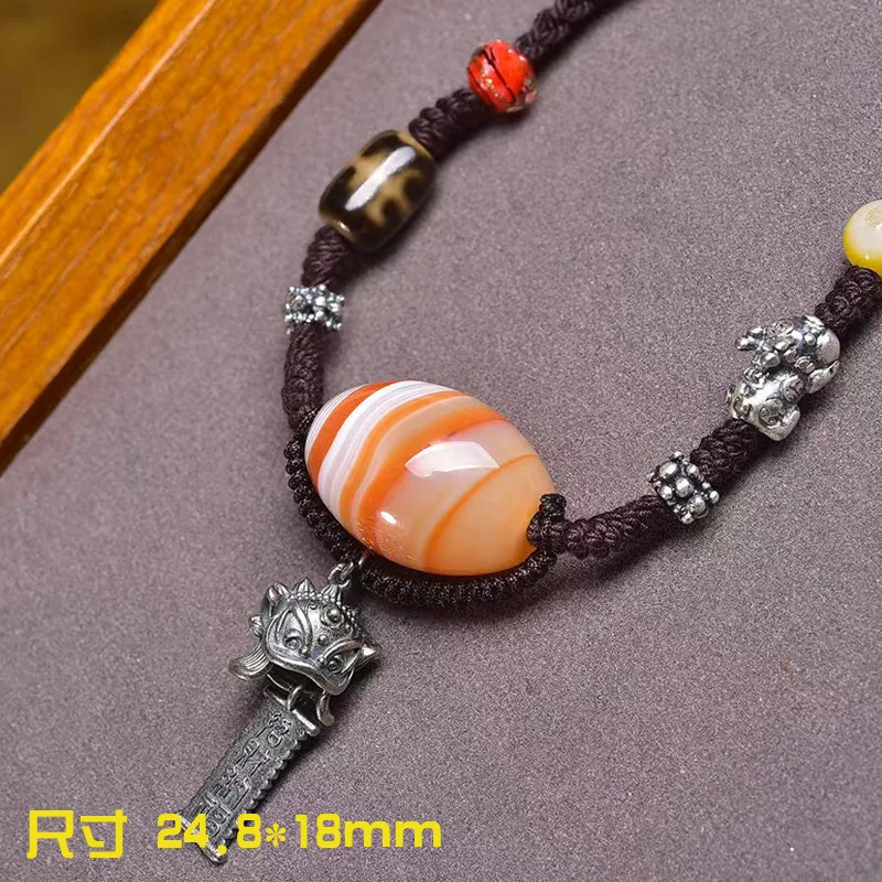 Natural silk ancient agate pendant, 999 silver Pixiu, lion awakening glass bead, and woven rope necklace