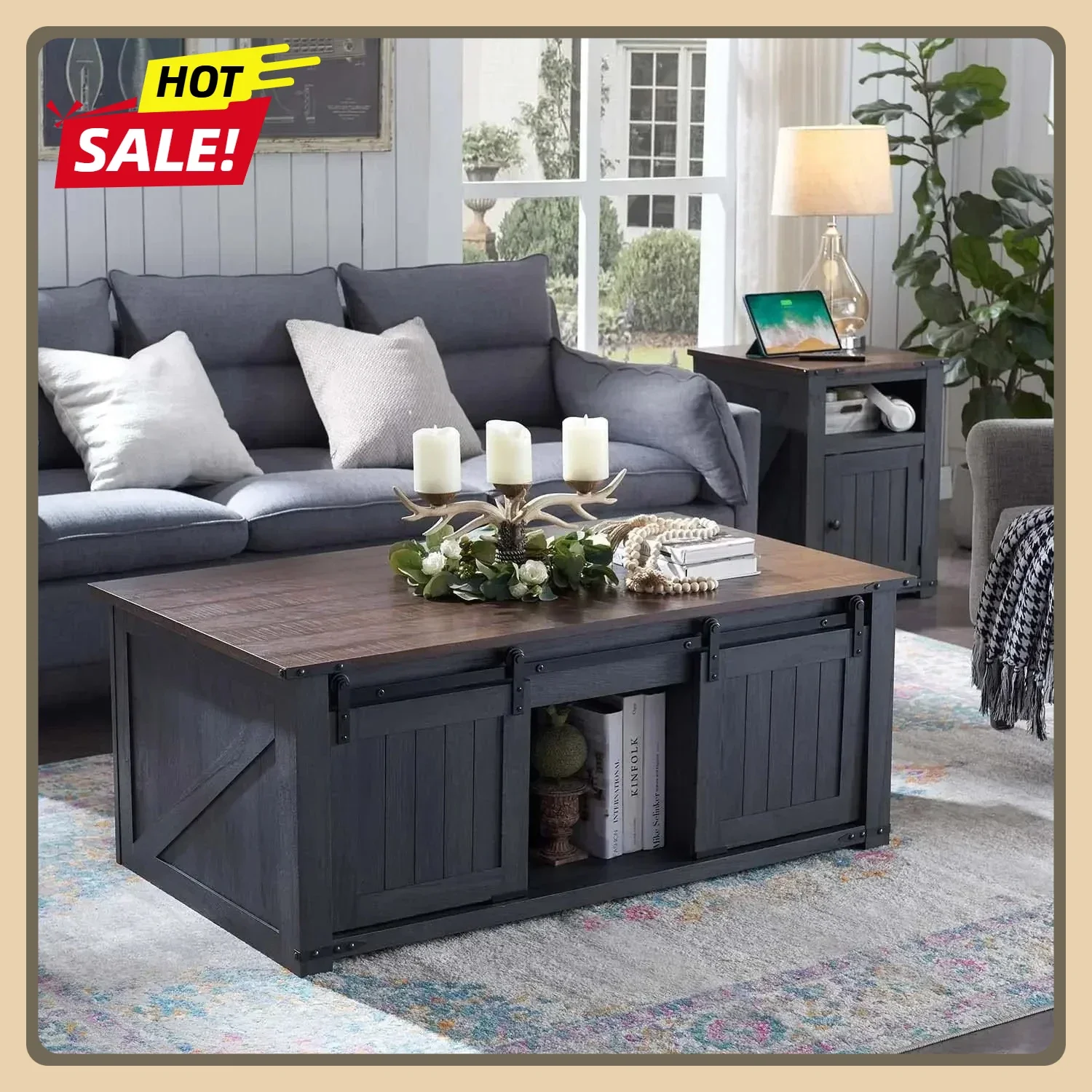 

Coffee Table, Farmhouse Cocktai with Sliding Groove Barn Door, for Living Room, Dark Grey 48" Lift Top