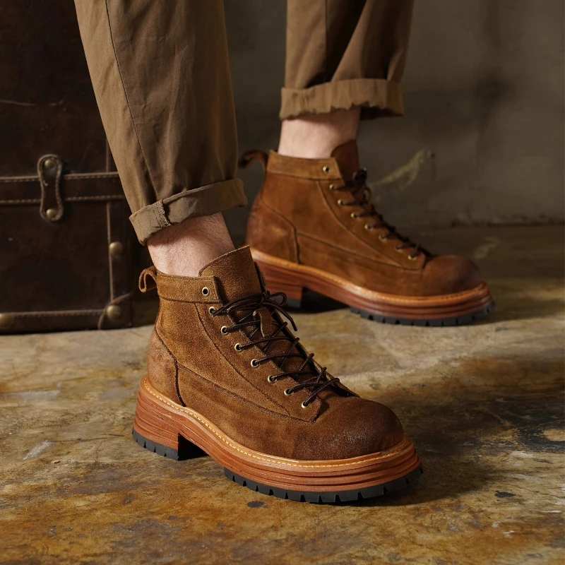 Men's Genuine Leather Suede Chelsae Boots Brogue Shoes Retro High-top Round Toe Mid-calf Thick Heel Western Cowboy Boots