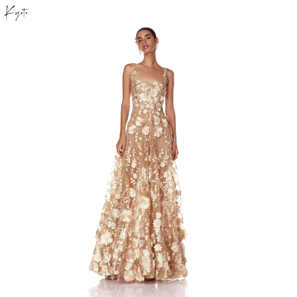 فستان زفاف كيوتو مخصص أنيق مطرز بالدانتيل الشامبانيا أشرطة سباغيتي على شكل حرف a فيستدوس دي نوش طول الأرض رسمي #1