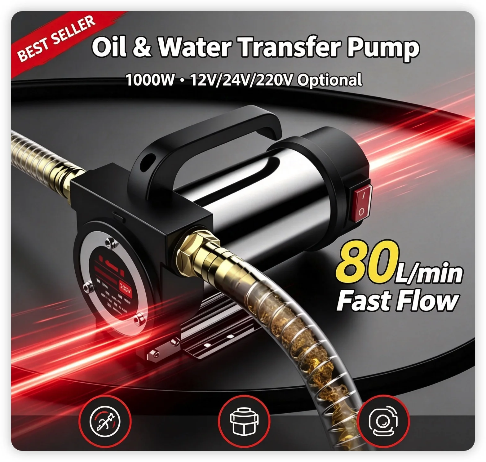 DC 12V/24V/220V Electric Oil Transfer Pump Reversible 6m Hose With Auto‑shut Nozzle Diesel Fuel Extractor Pump Kit
