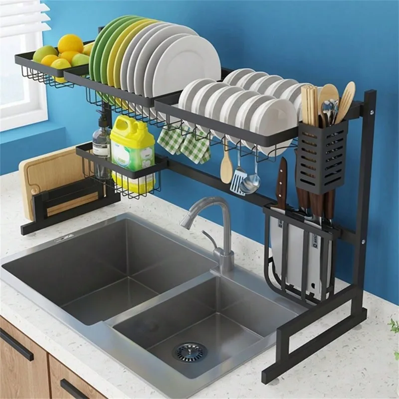 Over The Sink Dish Drying Rack Snap-On 2 Tier Large Dish Holder Stainless Steel with Pots and Pans Rack