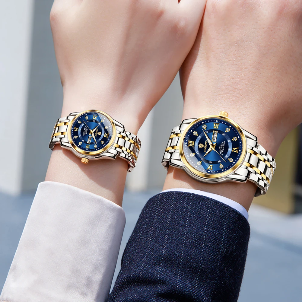 BINBOND Couple Watches 7169 2pcs Luxury Fashion Original Quartz Watch for Lover Dual Calendar Double Scale Waterproof Luminous