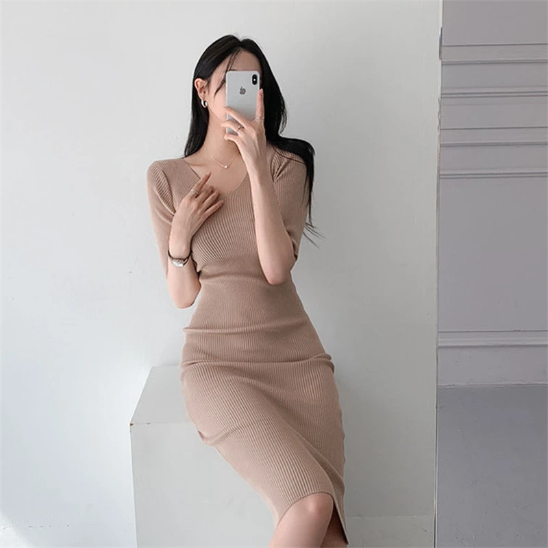 2024 Korean Fashion Woman Vintage Clothes Spring Casual Women\'s Dresses Knitted Short Sleeve Vestidos Elegantes Para Mujer Midi