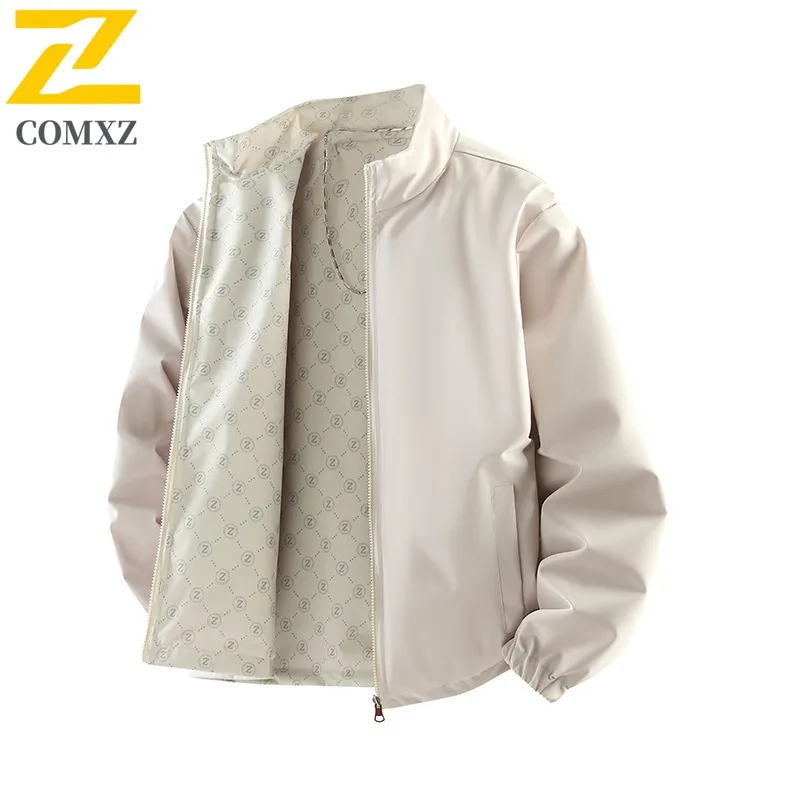 COMXZ 2025 Mens All Over Print Stand Collar Reversible Jacket Spring Autumn Casual Cardigan Simple Solid Color Trendy Coat