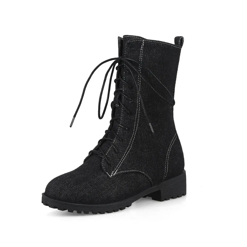 New Autumn Winter Denim Women Boots Chunky Heel Platform Round Toe Ladies Shoes Casual Lace Up Ankle Boots for Women WSH5220 view 4