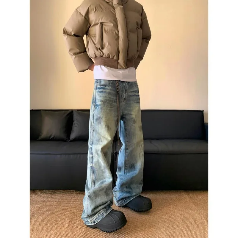 Men Vintage Washed Zipper Decor Wide Leg Jeans Loose Casual Denim Long Trousers