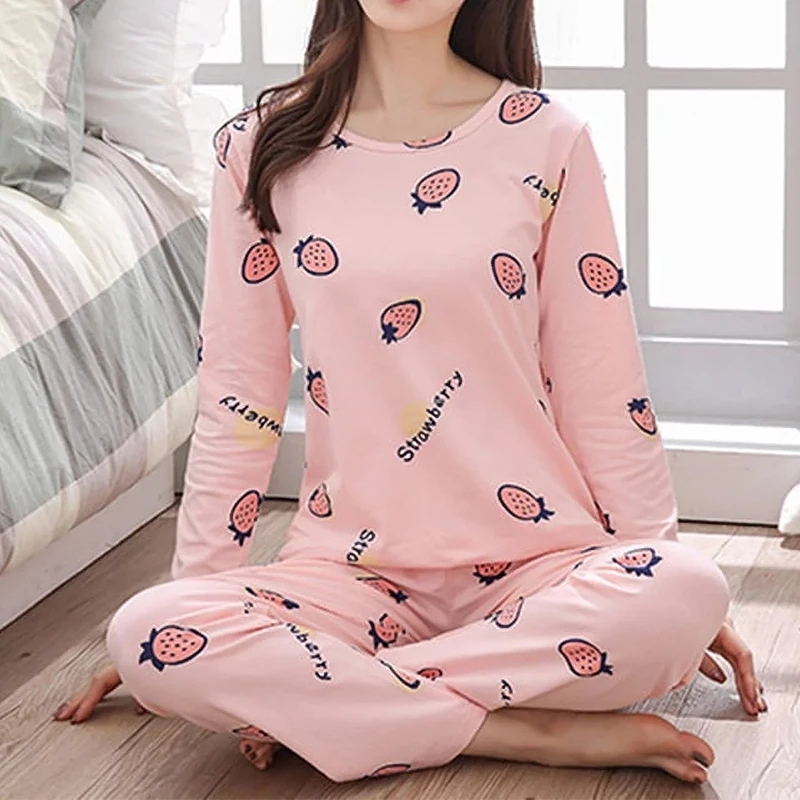 Autumn Women Pajamas Lounge Wear Set  Long Sleeved O-neck Flower Sleepwear Loose Comfortable Printing Breathable Home Pajamas