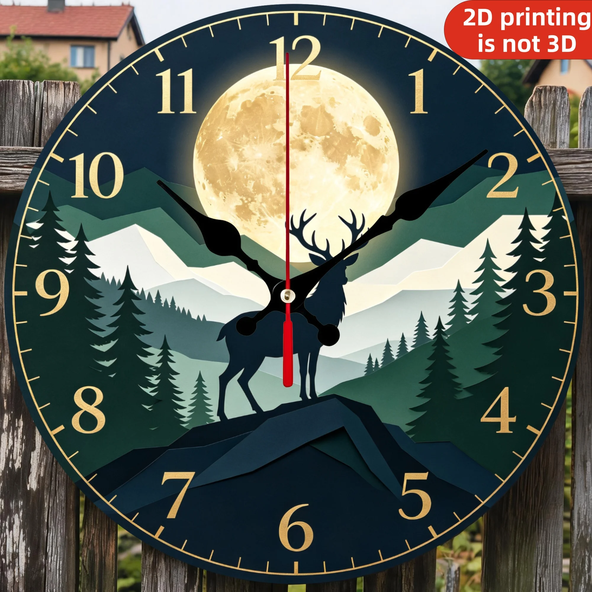 Forest Deer Full Moon Wooden Wall Clock, 10/12 Inch Round Wood Clock, Silent Non Ticking Quartz Movement, Mountain Wilderness Silhouette Printed Home Decor