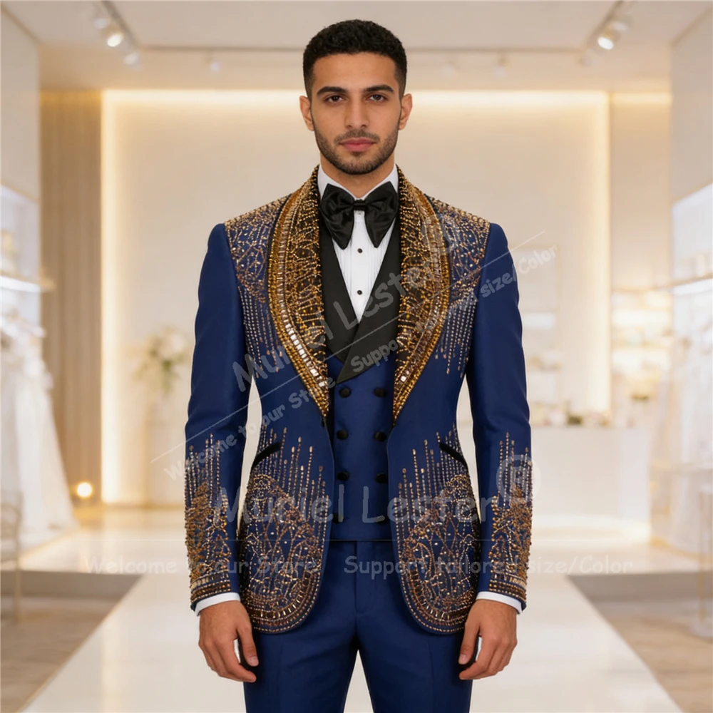 

Jewelry Stones Suit Men 3 Piece Set Shawl Lapel Beaded Prom Blazers Customized Groom Banquet Dinner Party Wedding Tuxedos Luxury