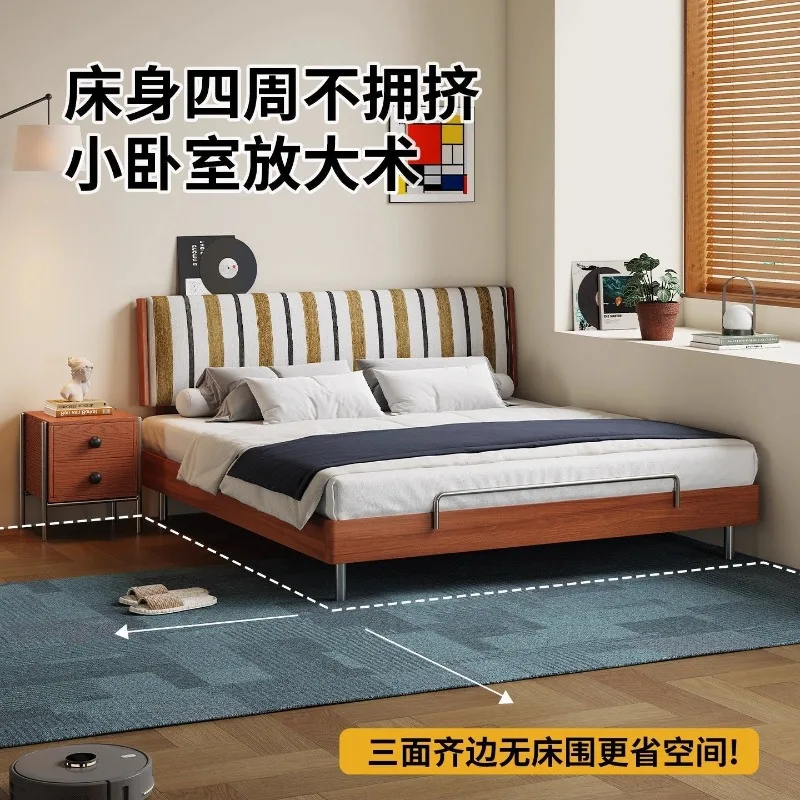 Ash wood solid wood bed, removable and washable striped fabric soft bag bed, flush edge single bed