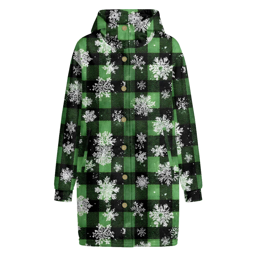 

Men Hooded Trench Coat with Multicolor Christmas Trees Snowflakes Festive Long Jacket Vibrant Holiday Pattern Unisex Winter Wear