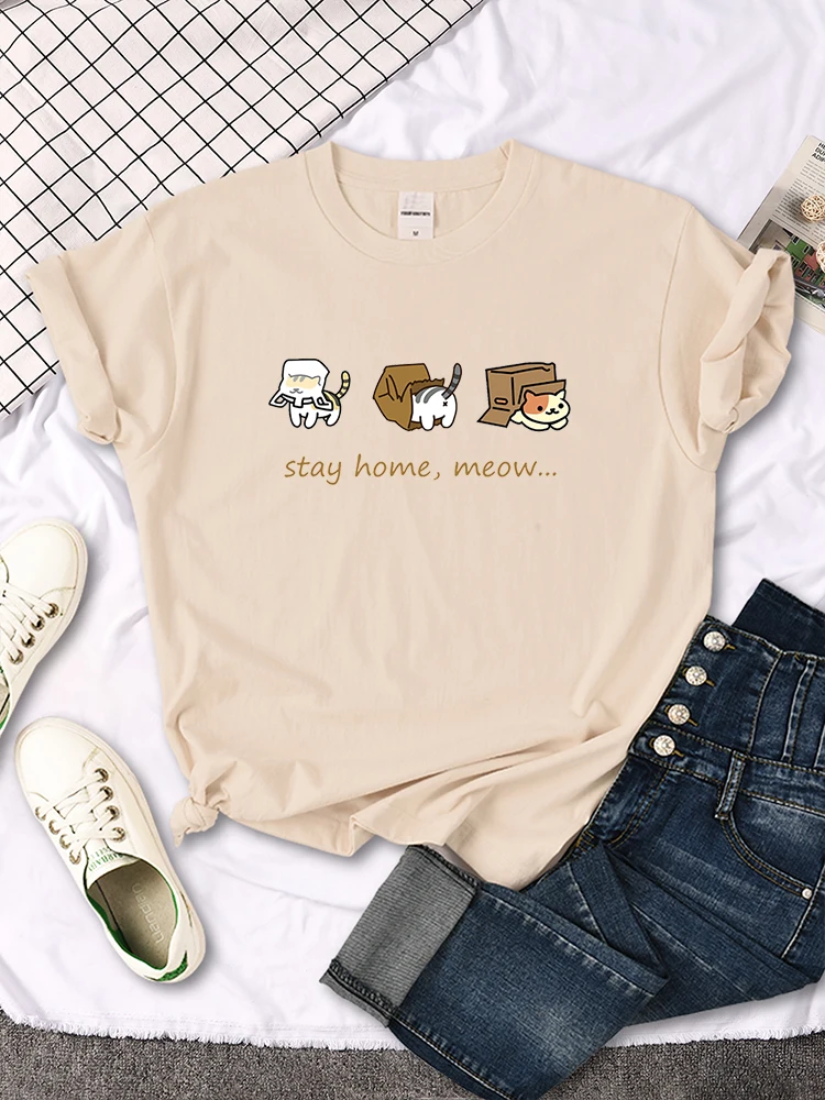 Kawaii Three Mini Cat Animal Stay Home Meow Print Women Tshirts Oversize Tops o-Neck Tee Shirt Casual Style Female Tee Shirts