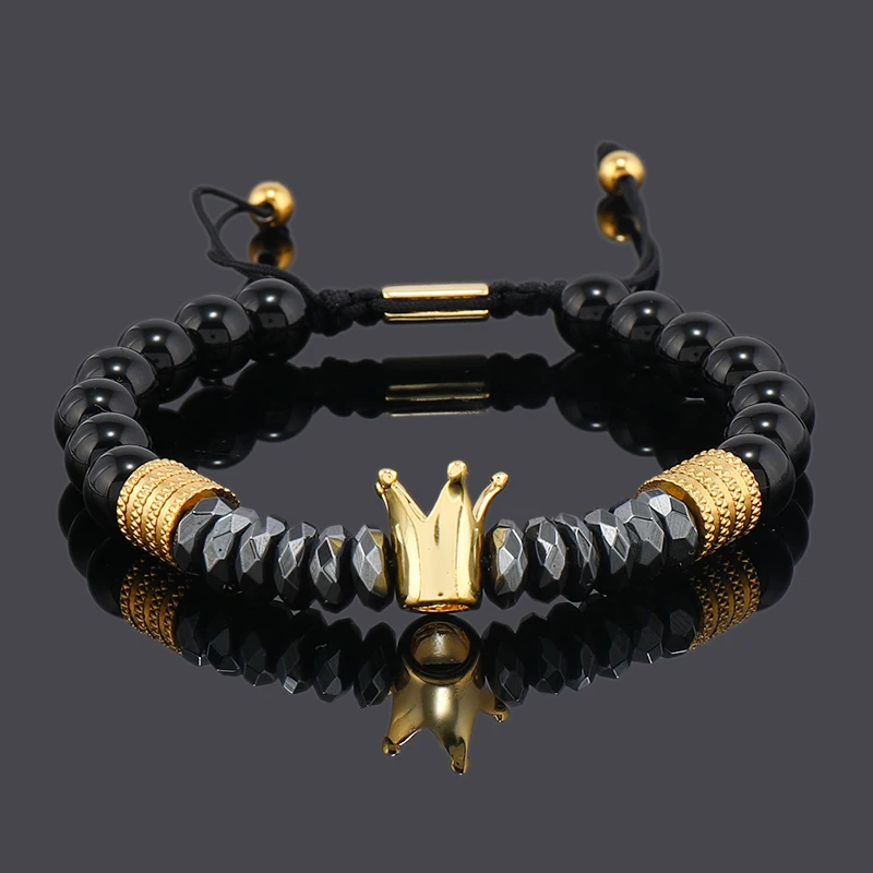 Luxury Black Natural Stone Beads Skull Crown Leopard Head Charms Man Bracelet For Women Hand Jewelry Gift